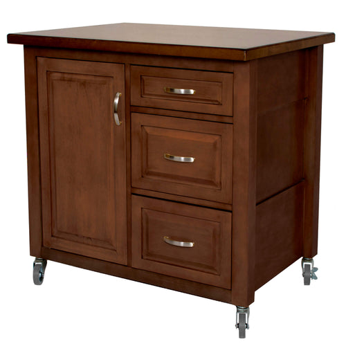 Three-quarter view of the Sunset Trading Andrews Kitchen Cart in Distressed Chestnut showing the solid hardwood construction and removable casters
