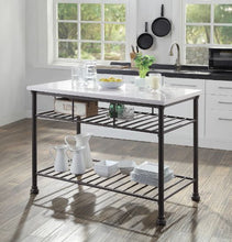 Load image into Gallery viewer, Freyja Kitchen Island with White Cultured Marble Top and Metal Shelves