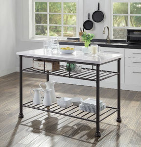Freyja Kitchen Island with White Cultured Marble Top and Metal Shelves